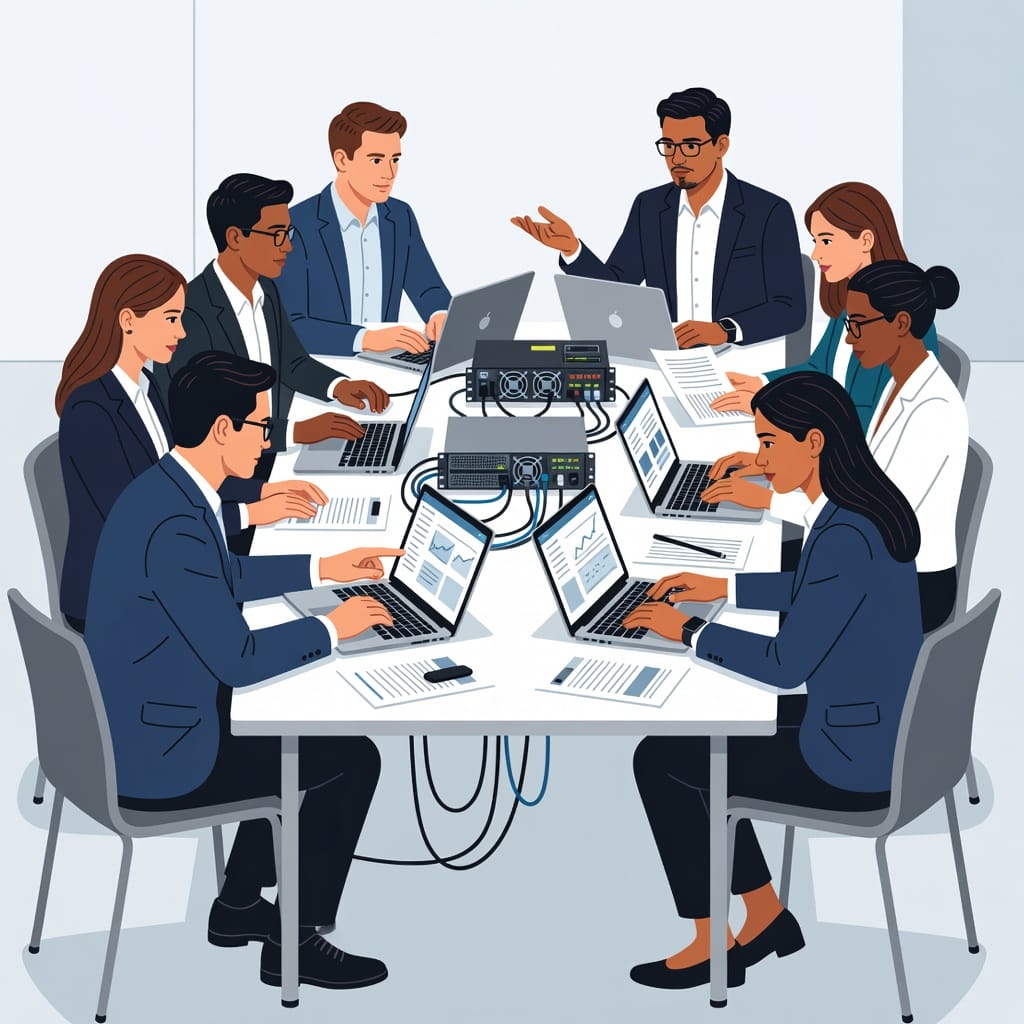 A diverse tech buying committee discussing around a table with laptops and servers