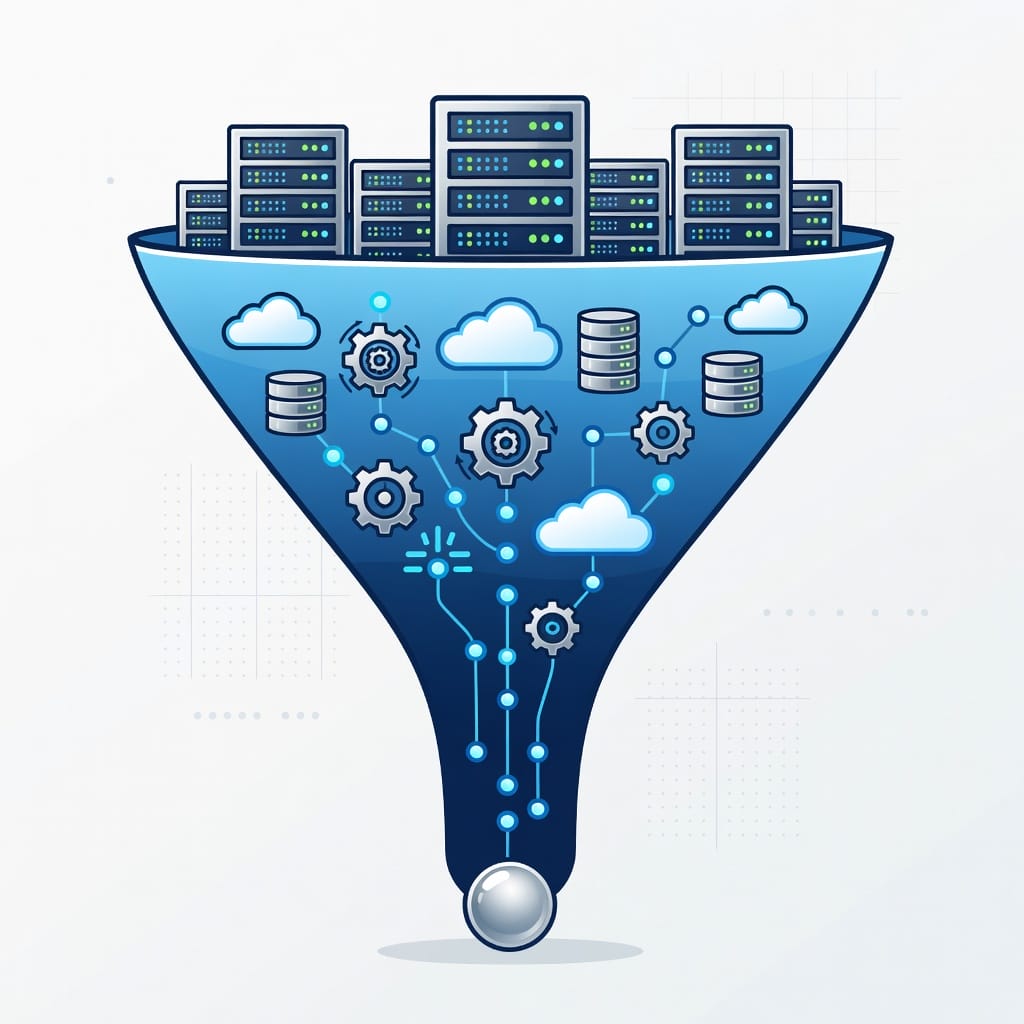 Illustration of a tech lead generation funnel with servers and tech icons