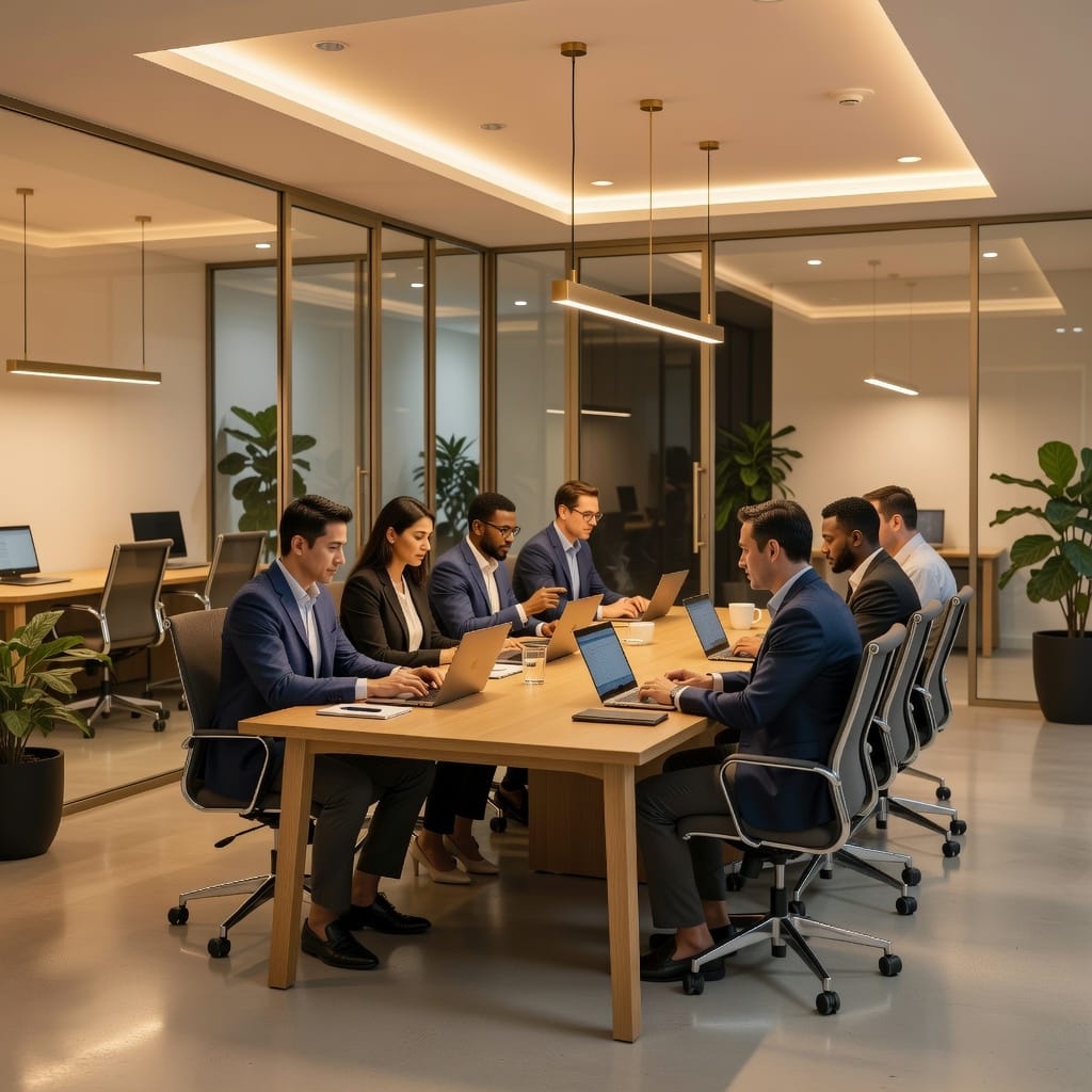 A modern B2B tech office with a diverse sales team working on laptops