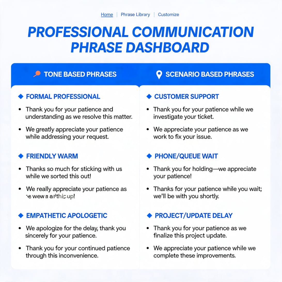 A clean business communication dashboard showing different thank you for your patience phrase options organized by tone and scenario