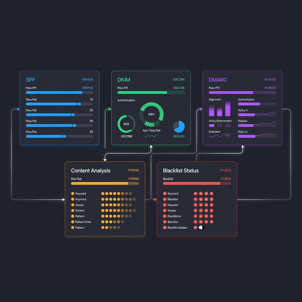 Email spam checker dashboard showing spam score analysis with color indicators
