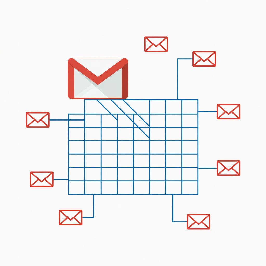 Gmail mail merge process showing spreadsheet data merging into personalized emails