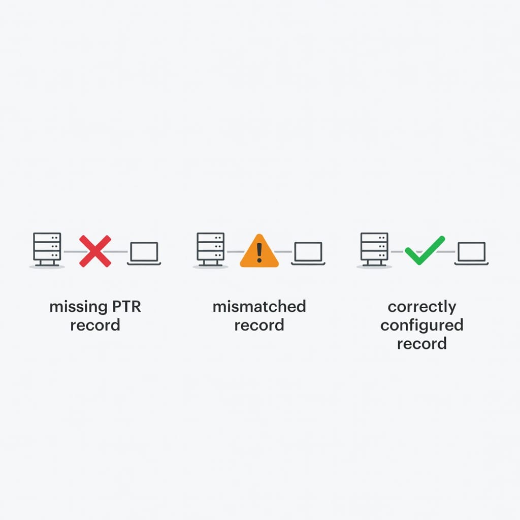 Visual guide showing common rDNS validation failures and correct configurations