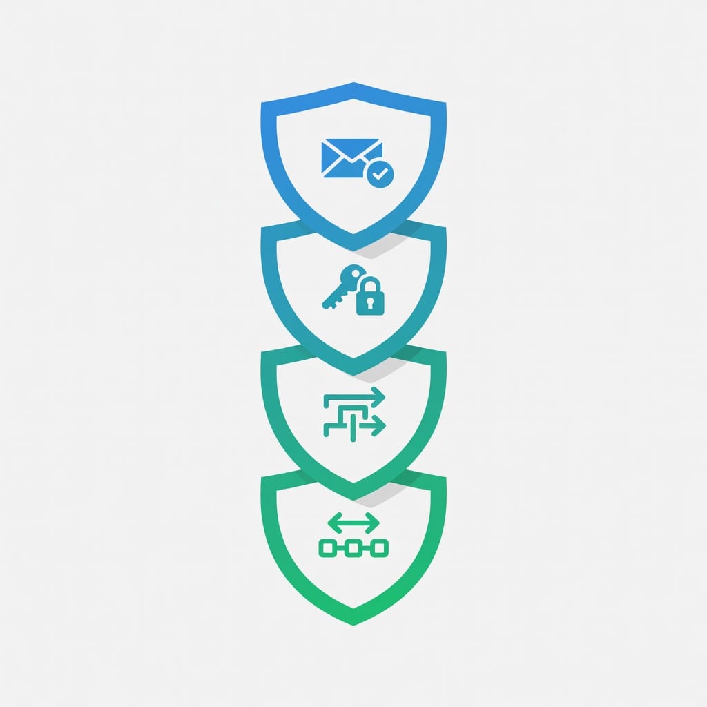 Layered email authentication stack showing SPF, DKIM, DMARC, and rDNS validation
