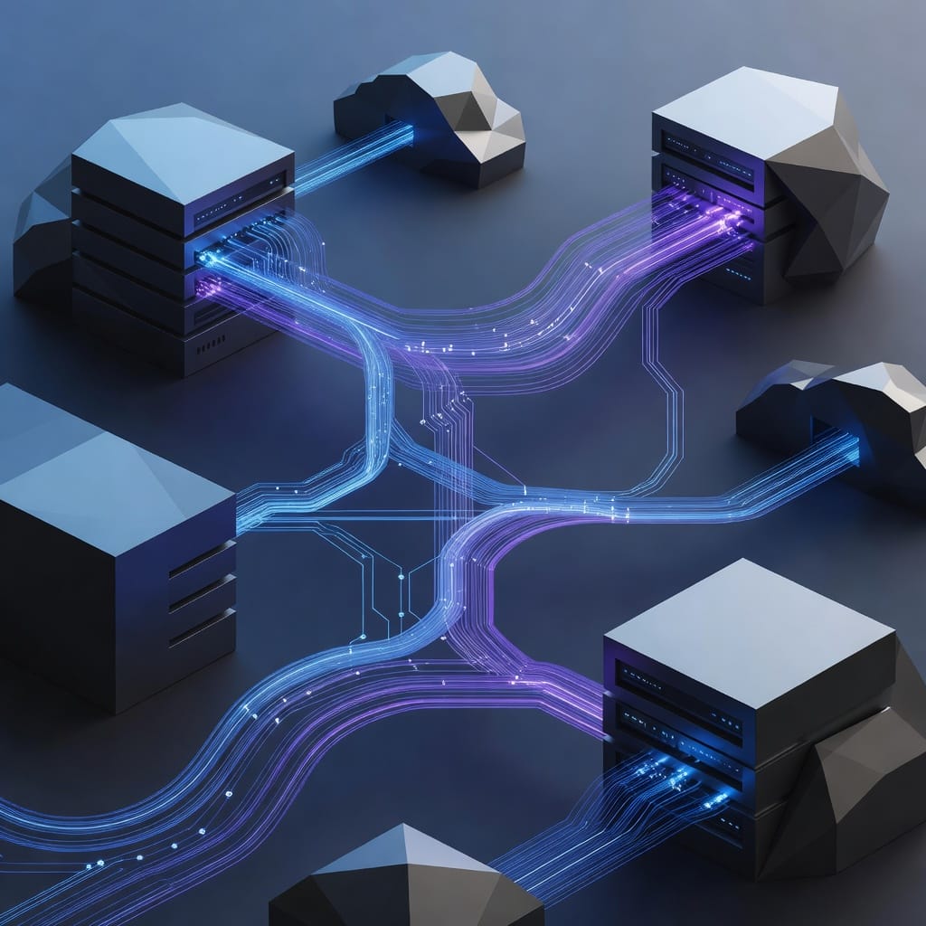 Abstract illustration representing email transmission and server communication data streams