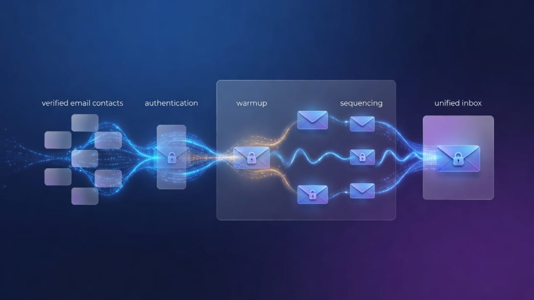 Modern abstract workflow showing verified email contacts moving through authentication warmup sequencing and unified inbox stages in glassmorphism style