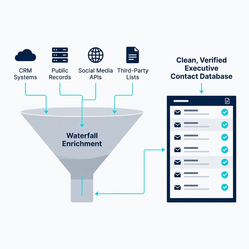 A conceptual diagram showing multiple data sources filtering into a clean, verified executive contact database (waterfall enrichment)