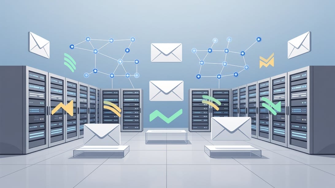 Illustration of Winnr style cold email infrastructure with servers, inboxes, DNS nodes, and reputation signals.