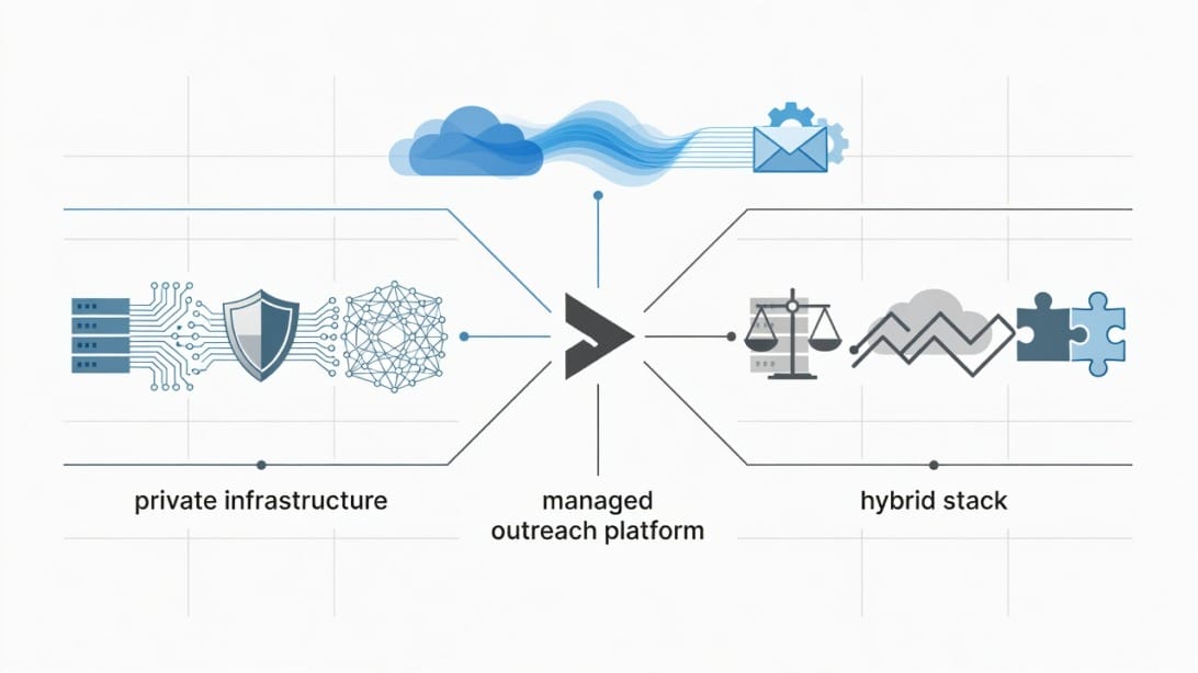 Decision framework illustration comparing private infrastructure, managed outreach platform, and hybrid outbound stack paths.