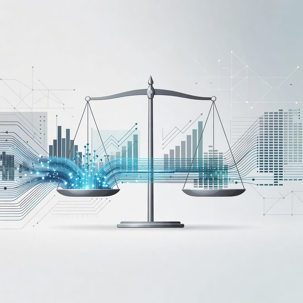 Conceptual illustration of revenue operations cost modeling with sales data streams, software modules, and a balanced budget scale.