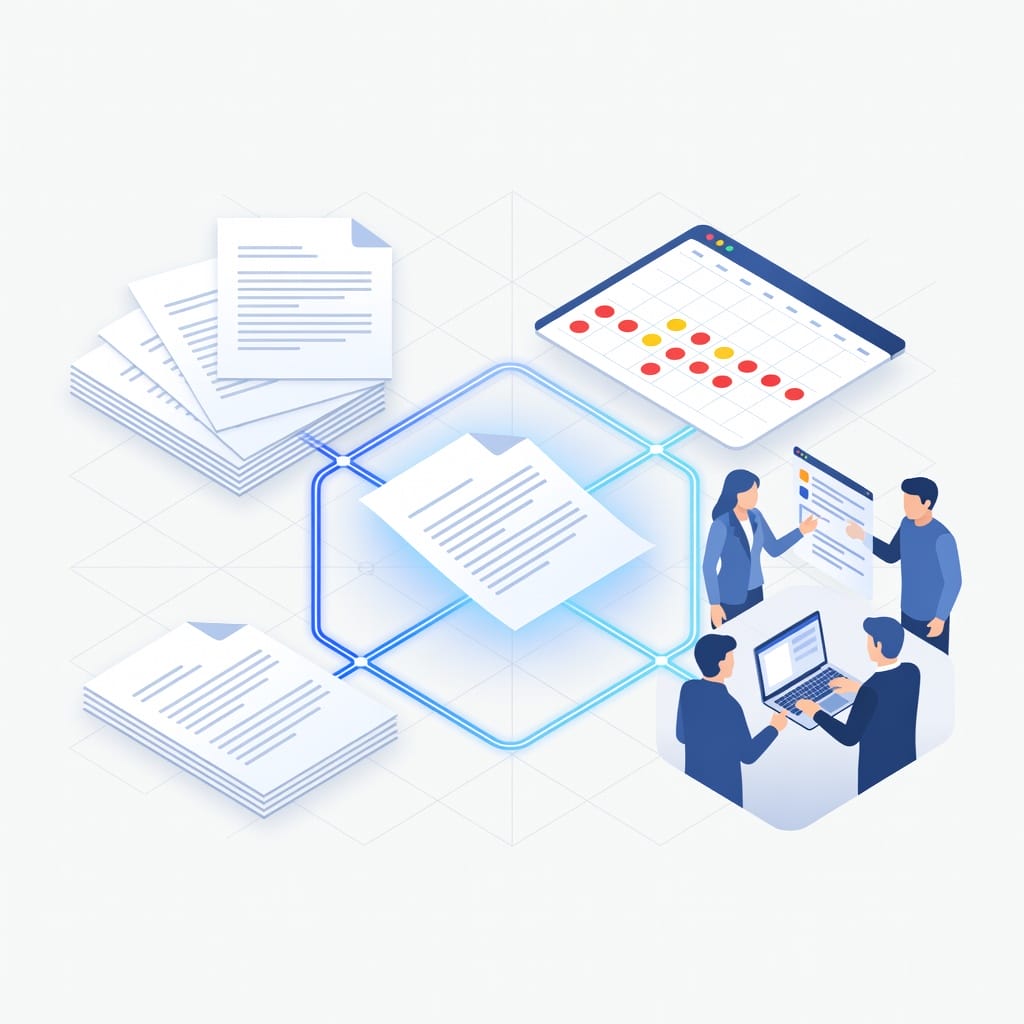 Conceptual illustration of contract negotiation for sales intelligence software with documents, checkmarks, calendar reminders, and team collaboration.