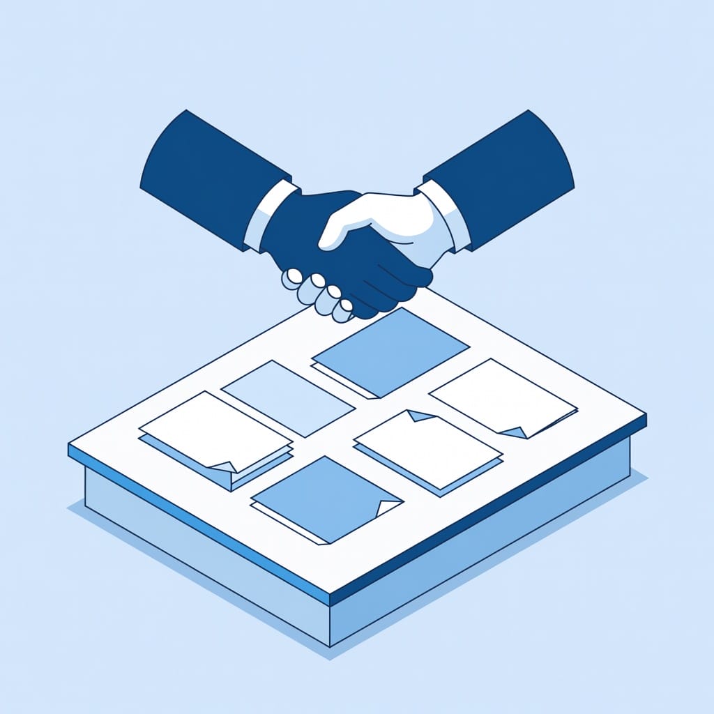 Conceptual illustration of contract negotiation for sales intelligence software with documents, checkmarks, calendar reminders, and team collaboration.