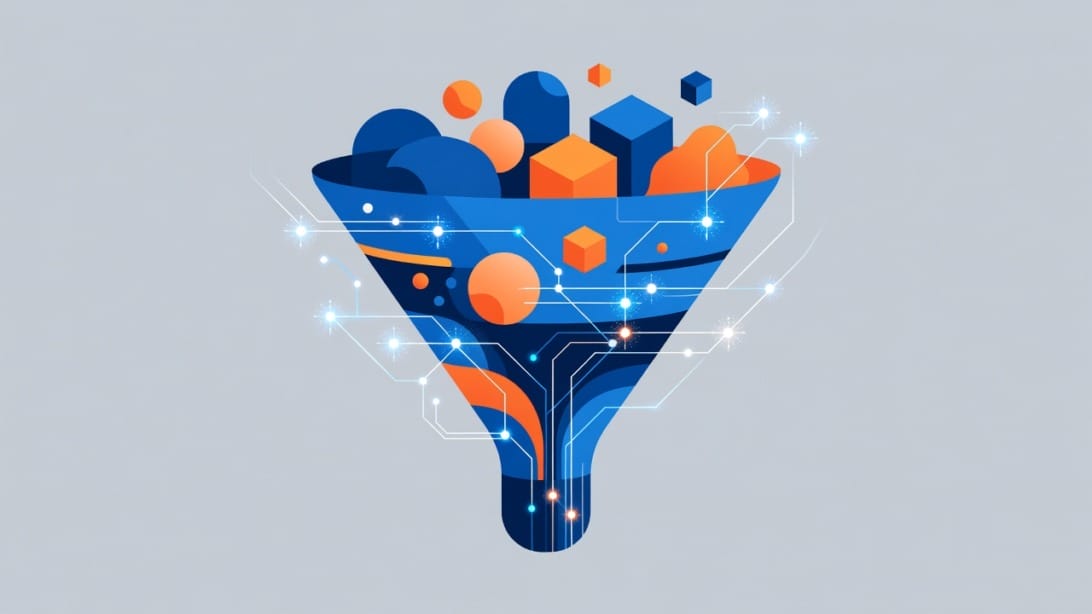 AI-powered B2B lead generation funnel illustration showing data flowing through automated stages