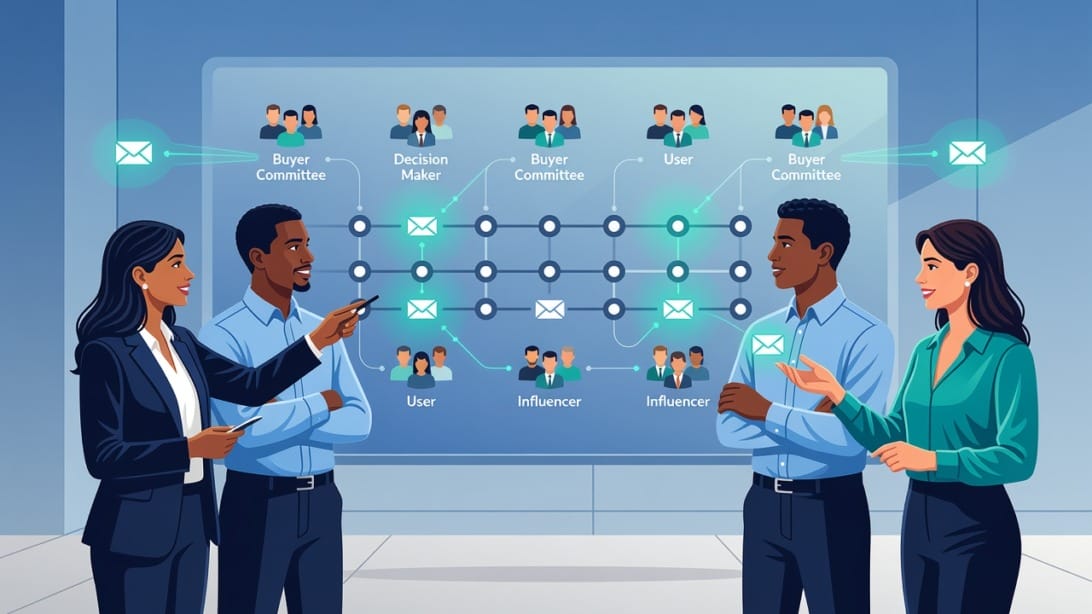 B2B sales pipeline management illustration showing a team reviewing deals and buyer committee signals