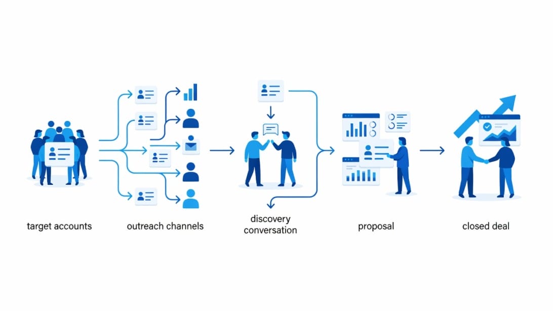 B2B sales workflow illustration showing the journey from target accounts through outreach, discovery, proposal, and closed deal