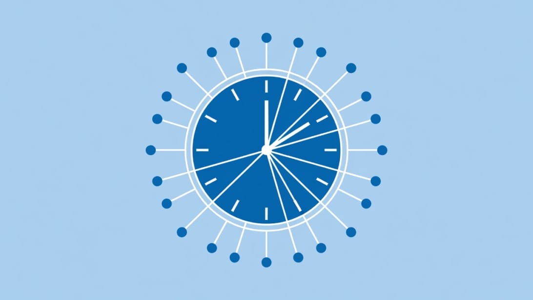 Best times to cold call illustration showing a modern office clock with connection nodes