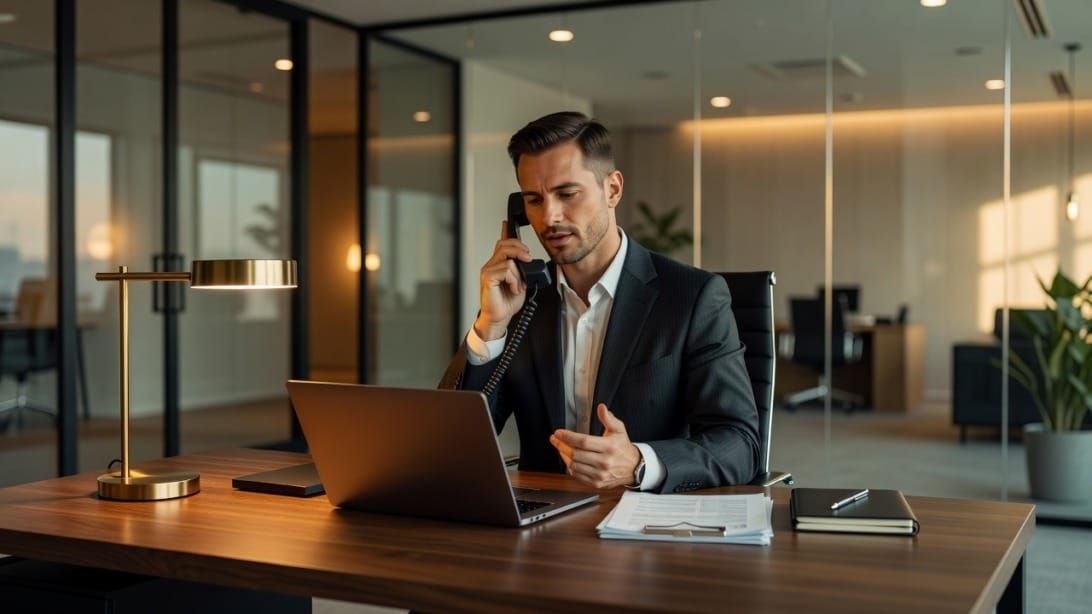 Professional salesperson making a cold call at a modern desk