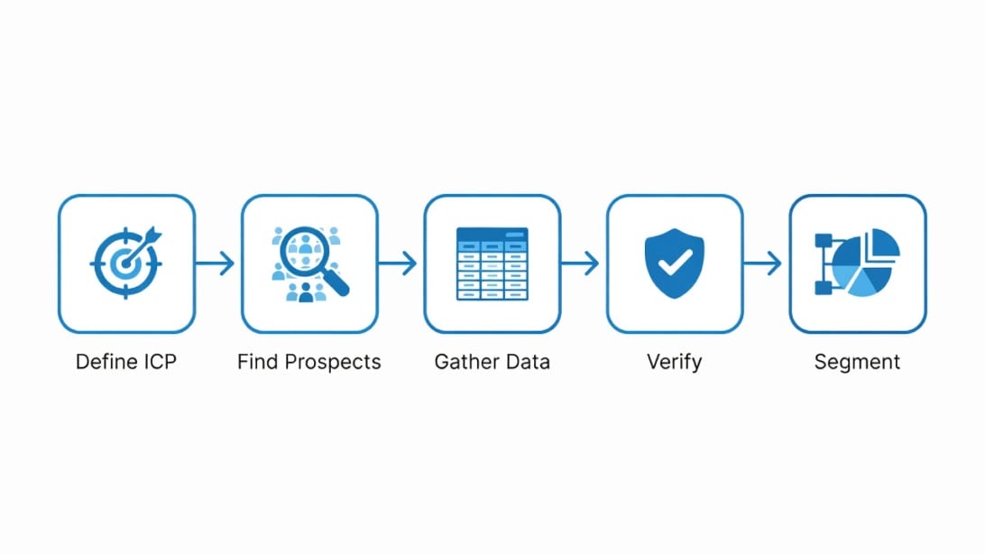 Flowchart-style illustration of the cold calling list building process from ICP to segmentation