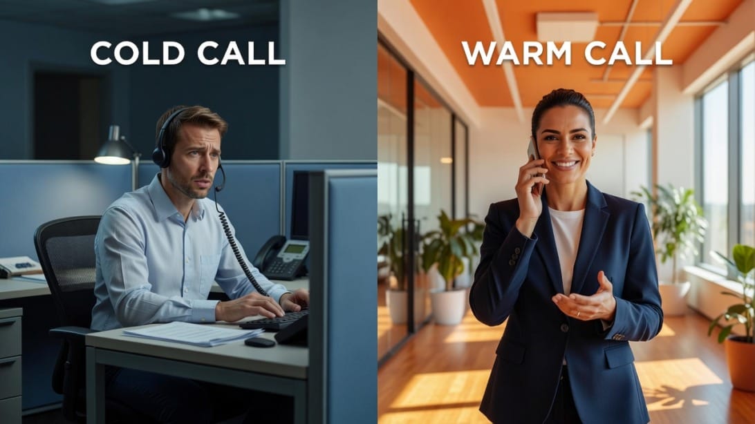 A split visual comparing a cold call with a warm sales call