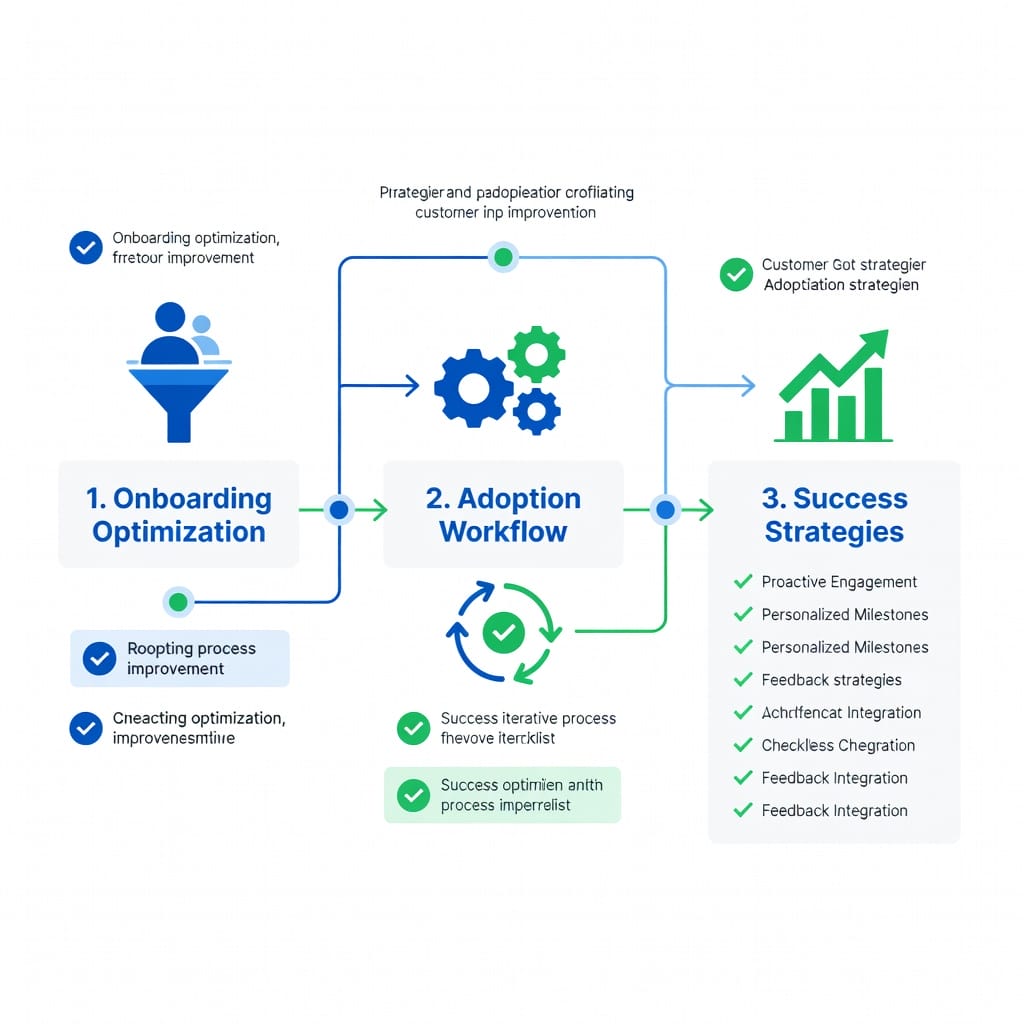 Customer adoption improvement checklist and strategies workflow illustration with onboarding optimization steps