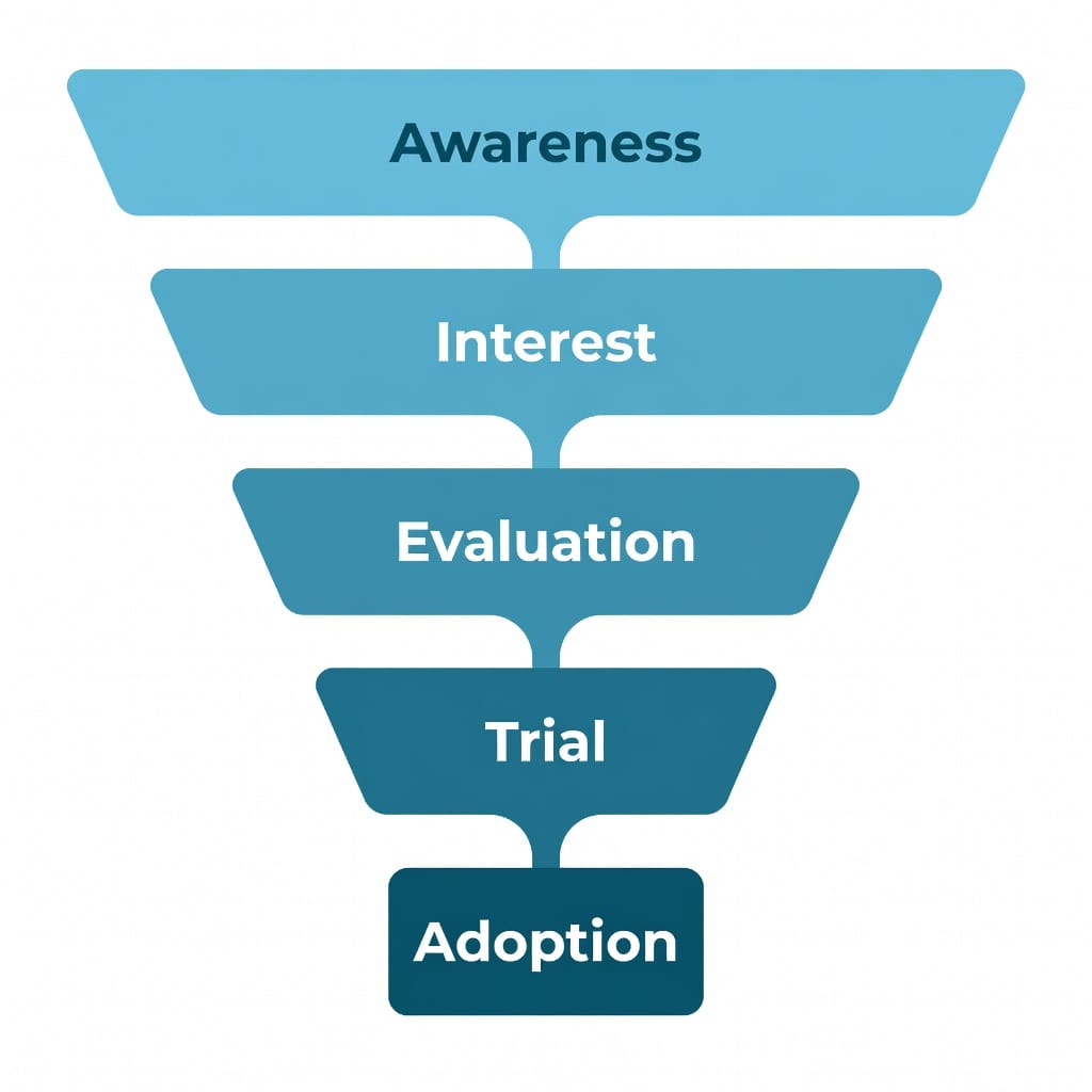 Five stages of customer adoption funnel showing Awareness through Adoption with gradient blue and teal styling