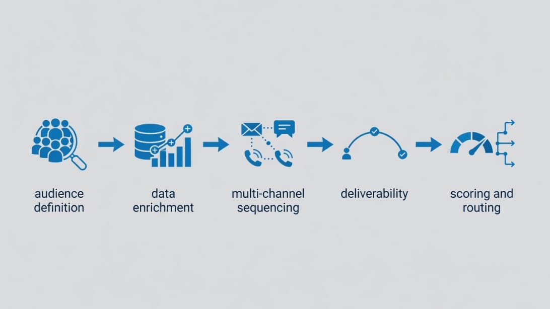 Demand generation platform implementation workflow with icons for audience data enrichment sequencing deliverability and routing
