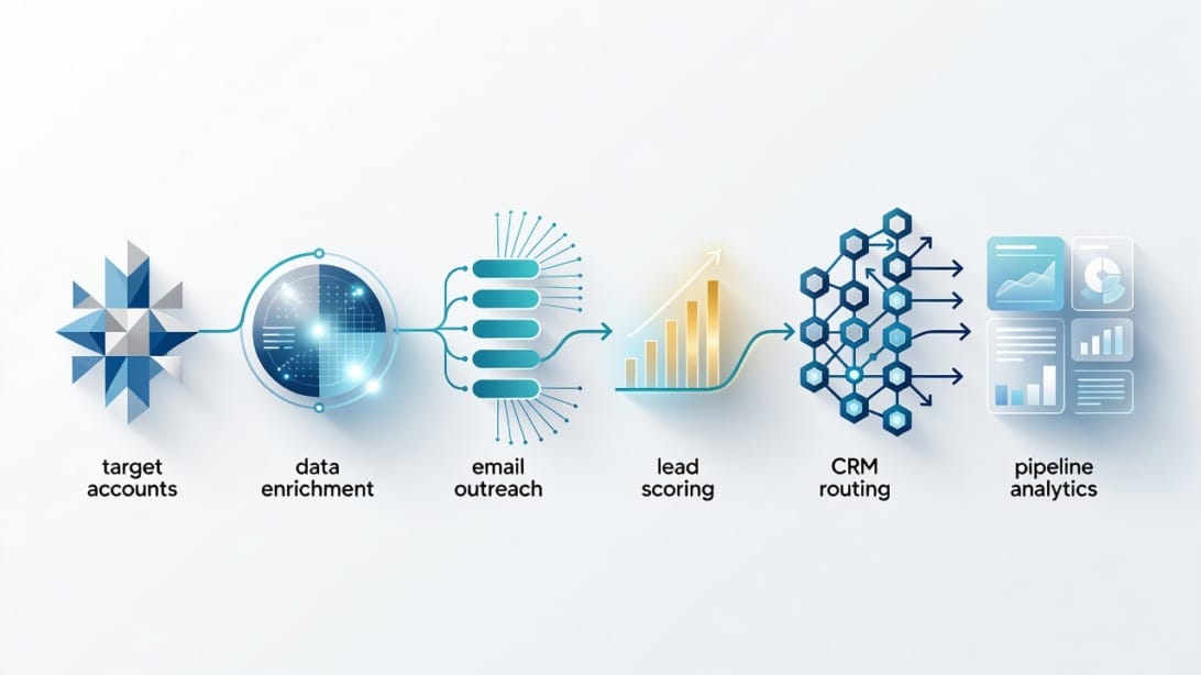 Demand generation platform workflow connecting target accounts enrichment outreach scoring and CRM routing