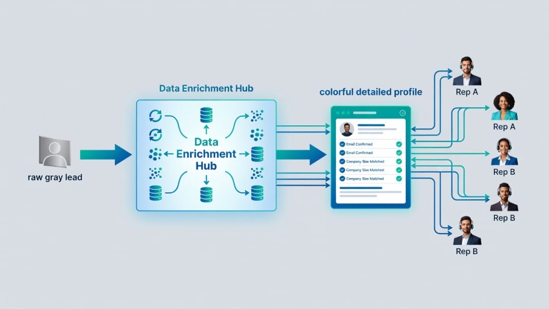 Flowchart showing a raw lead entering a system through a data enrichment hub routed to sales reps