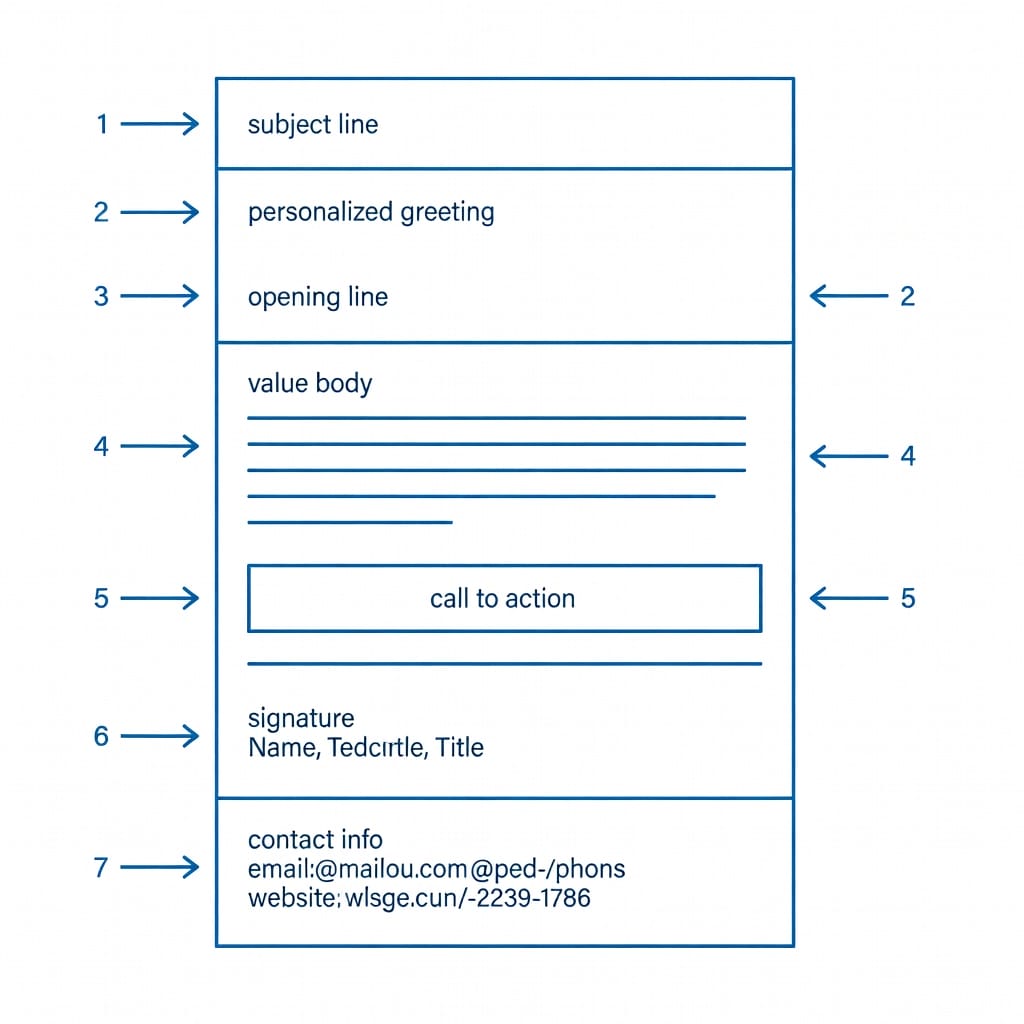 Diagram showing the 7 key elements of a sales email structure including subject line, greeting, opening, body, CTA, signature, and unsubscribe link