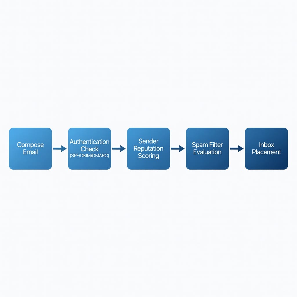 Flowchart illustrating the email deliverability journey from composition to inbox placement including authentication and spam filtering