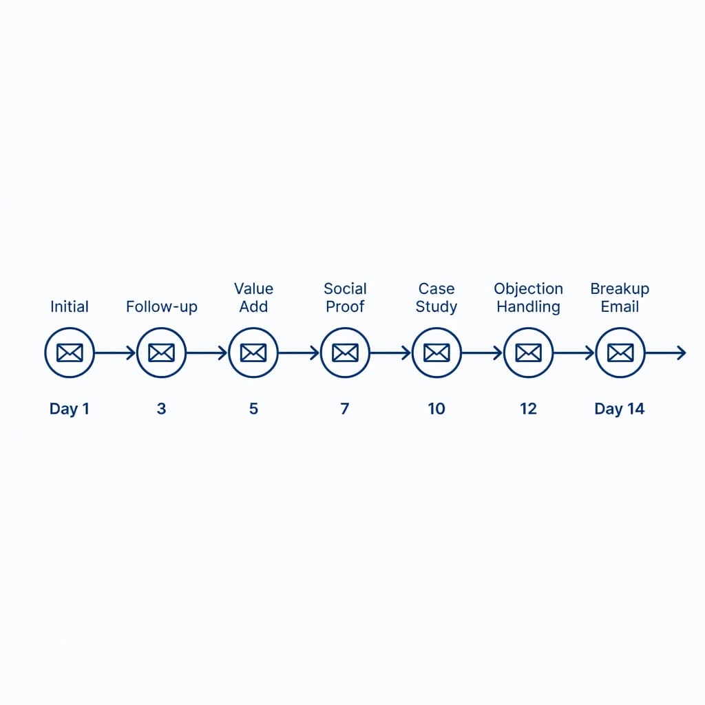 Timeline of a 7-step cold email outreach sequence spanning 14 days with different email types